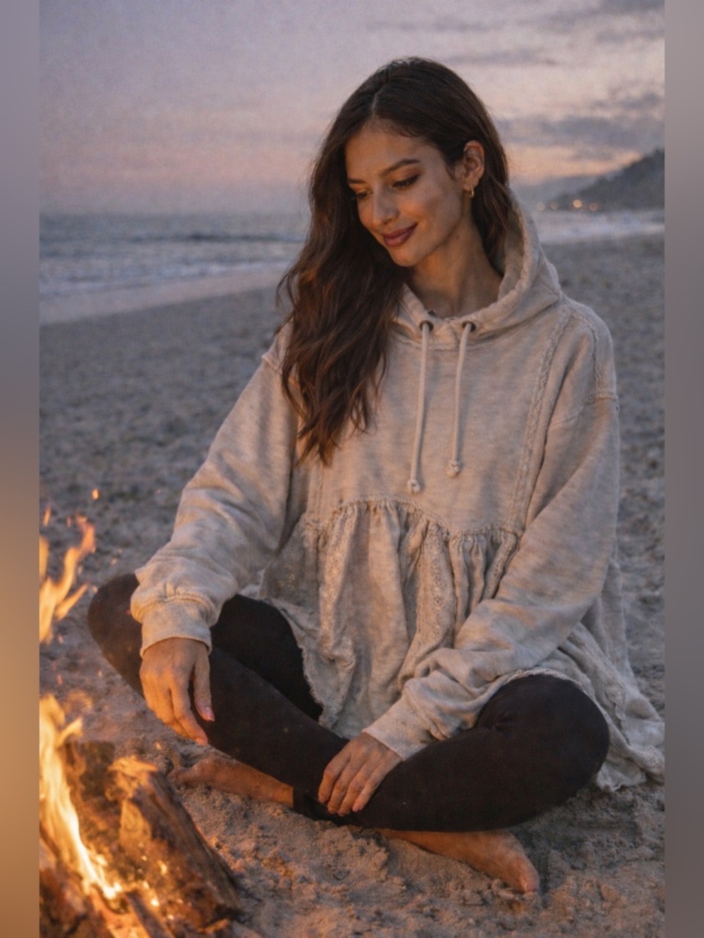 Free People Oversized Hoodie Lace Panel Boho Pullover XS
